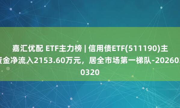 嘉汇优配 ETF主力榜 | 信用债ETF(511190)主力资金净流入2153.60万元，居全市场第一梯队-20260320
